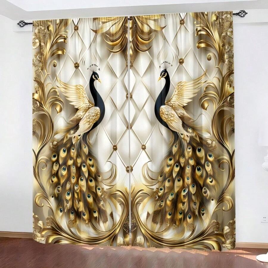 2pcs, Polyester Material, HD Digital Printing Golden Beautiful Peacock Pattern Print, Light Filtering Curtain, Suitable For Bedroom, Living Room, Office And Home Decoration, Pole Pocket Design, Suitable For Pole - Multicolor - View 1