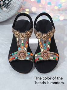 1 Pair Kids Summer Flat Sandals, Colorful Rhinestone Elastic Band Slip-On, Bohemian Style Flower Decor, Children Beach Sandals, Suitable For Vacation. The Color And Arrangement Of The Beads Are Random. - Black - View 2