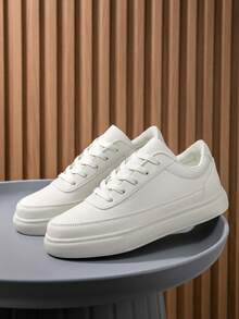 Men's Versatile Minimalist Solid Color Patchwork Low-Top Lace-Up Casual Sneakers, Fashionable Comfortable Round Toe Flat Skateboard Shoes For Teenagers - Beige - View 2