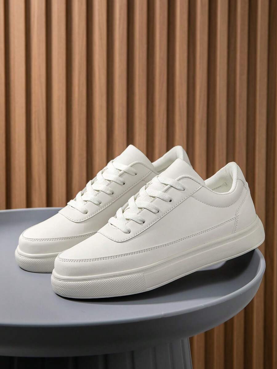 Men's Versatile Minimalist Solid Color Patchwork Low-Top Lace-Up Casual Sneakers, Fashionable Comfortable Round Toe Flat Skateboard Shoes For Teenagers