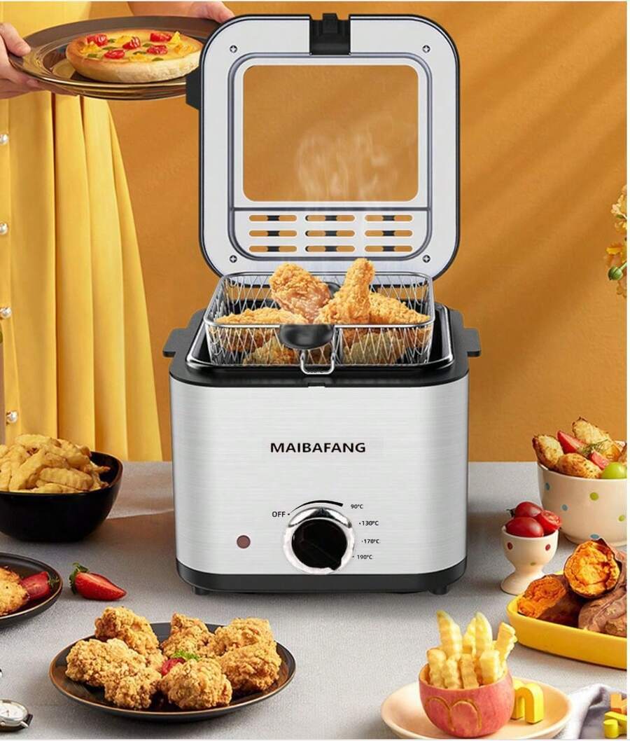 Minifreidora de sobremesa MAIBAFANG, multifuncional de acero inoxidable, ideal para freír hamburguesas, pavo, etc. Con temporizador y función de escurrido, perfecta para cocinar en fiestas y para uso familiar. Incluye clips de regalo. - Ver 1