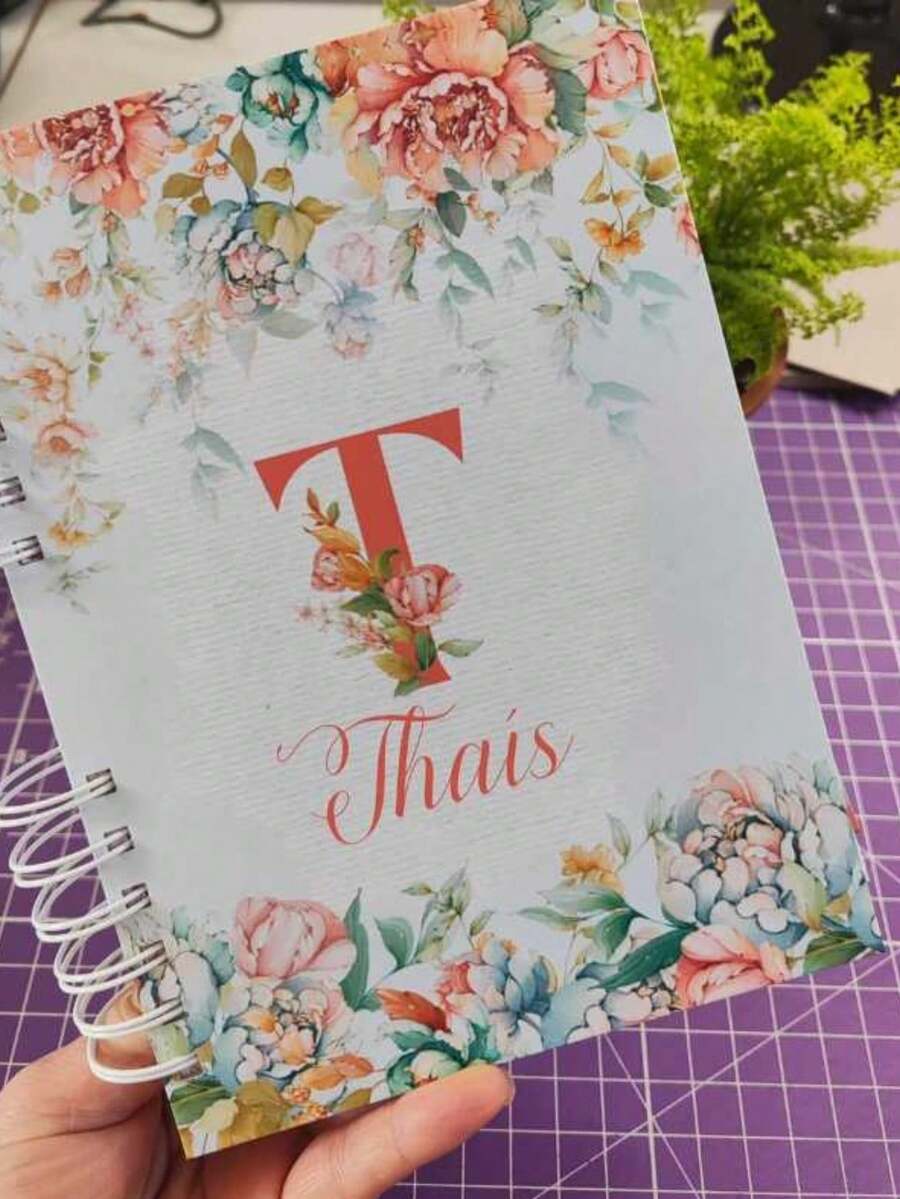 A5 Floral Pink And Blue Notebook Personalized With Initial Of The Alphabet - T - View 1