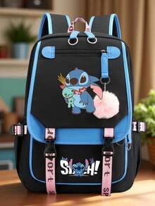 1pc Stitch Large Capacity Backpack - Cute Blue & Pink Zipper Closure, With Laptop Compartment, Durable Polyester Material, Lightweight & Fashionable, Suitable For Daily Commute And Back To School Essentials, Secure Zipper Closure Dual Shoulder Straps, Travel Day Pack, Interesting Design, Sturdy Construction - Square - View 8
