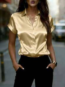 Women's Elegant Satin Shirt, Collared Short Sleeve, Regular Length, Button Detail, Woven Fabric, Work Wear Summer - Gold - View 6