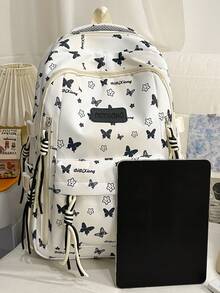 Mochila de nailon con estampado de mariposa y múltiples compartimentos, cabe portátil de 15.6 pulgadas, mochila ligera y multiusos para estudiantes, negocios, viajes y uso diario - Negro - Ver 10