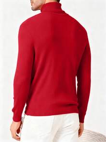 Men's Solid Color Long Sleeve Casual Fitted Turtleneck Sweater - Red - View 2