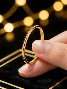 1枚925纯银镀14K金简约实心戒指，极简设计，精致日常银饰，送给女朋友的礼物 - 金色 - 查看 2