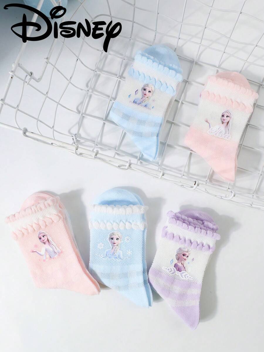 5 Pairs Disney Frozen Cartoon Children's Socks, Girls & Boys Breathable Infant Socks, Suitable For School/Home, Spring/Summer - Multicolor - View 1
