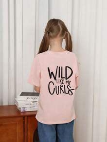Young Girl Casual Graphic Print Crew Neck Short Sleeve T-Shirt, Summer Top - Pink - View 2