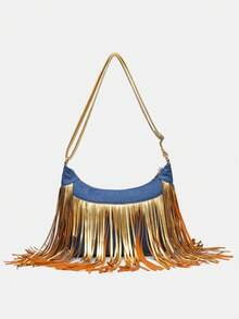 1个女士金色流苏单肩包，复古时尚派对风高端女士手提包，牛仔布拼接流苏设计，赛博朋克风格女士单肩/斜挎包，可调节肩带，适合复古女孩和时尚爱好者，适合工作通勤、舞台表演、度假、派对等各种场合，中号 - 金色 - 查看 3