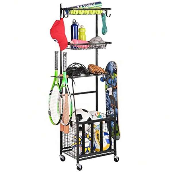PLKOW Sports Equipment Storage for Garage Indoor/Outdoor Sports Rack for Garage Ball Storage Garage Organizer with Basket and Hooks Toy/Sports Gear Storage