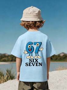 男童休闲印花圆领短袖T恤，夏季上衣 - 淺藍色 - 查看 3