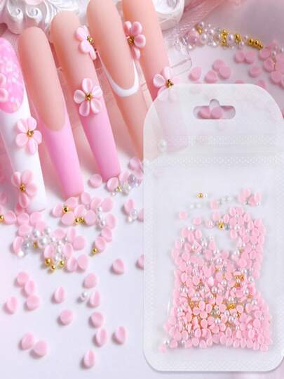 150pcs Pink Circular Petal Faux Carved Nail Art Decorations, Valentine's Day Resin Peach Blossom With Steel Beads & Pearls Nails