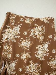 Acelitt 天蓝色波西米亚碎花高腰荷叶边开衩长裙 夏季 - 棕色 - 查看 6