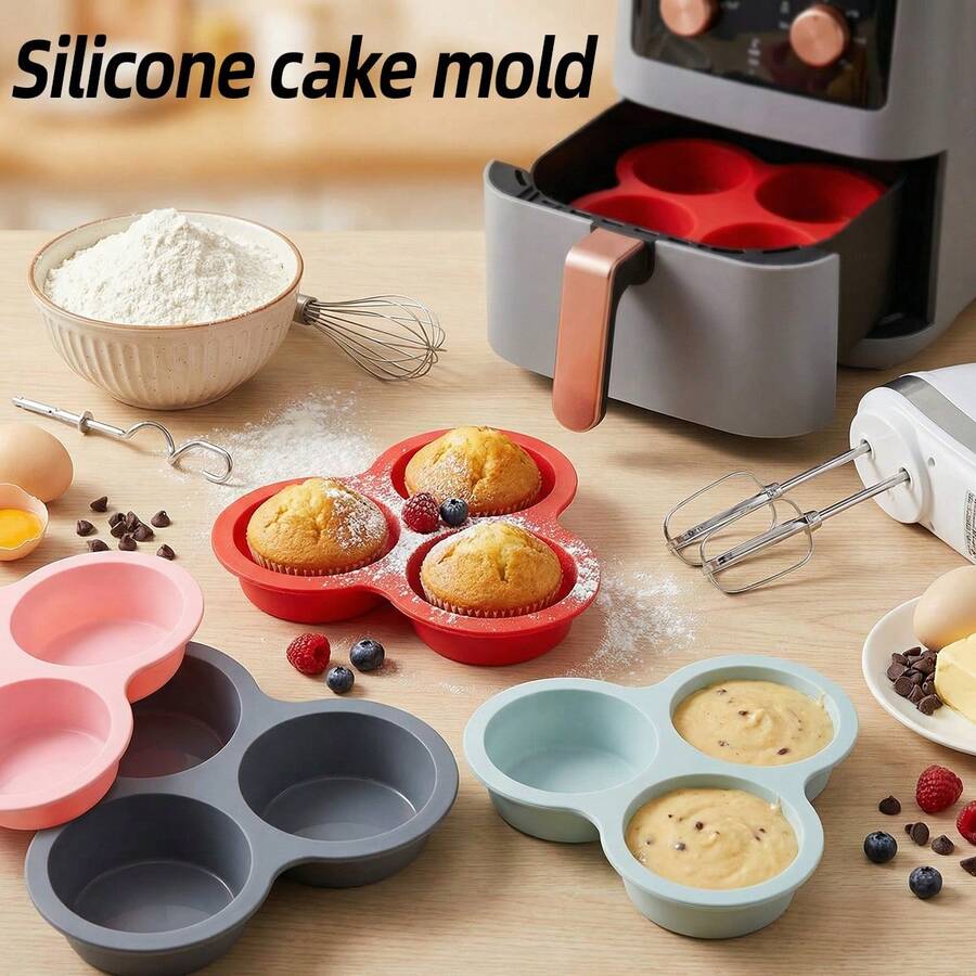 1个空气炸锅鸡蛋模具，23.5厘米 x 22.28厘米，硅胶煎饼模具，三孔松饼模具，烘焙工具，家居厨房配件 - 彩色 - 查看 1