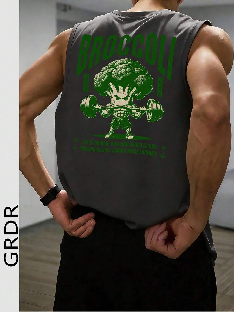 GRDR Men's Summer Broccoli & Dumbbell Print Casual Round Neck Tank Top - Dark Grey - View 1