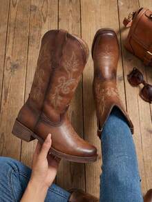 Botas vaqueras bordadas para mujer, de media caña y punta redonda, estilo vaquera, a la moda. - Óxido marrón - Ver 3