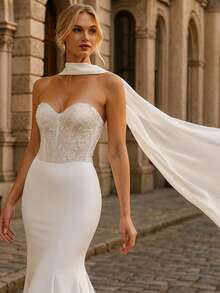 1件长款新娘头纱，145英寸白色婚纱披肩，简约薄纱披肩，适合婚礼、私奔仪式、婚宴和新娘写真配饰 - 白色 - 查看 2