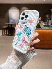 奶油色波浪条纹海洋元素彩绘防摔手机壳，兼容/Galaxy/兼容 - 彩色 - 查看 3