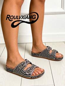 roulvxiang 2026新款纯色亮面波西米亚休闲度假时尚复古Y2K哥特式串珠搭扣亮片水晶水钻女式平底凉鞋，塑料拖鞋，适合沙滩、度假、派对、办公室、户外、春夏穿着 - 銀黑 - 查看 8