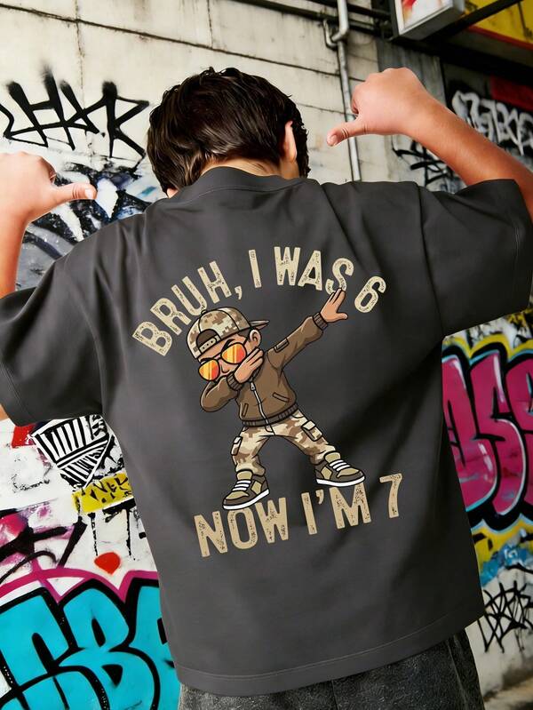 Tween Boy Colorful Cartoon "I WAS 6, NOW I'M 7" 67 Element Print Shirt, Suitable For Activities, Daily Wear, Party Wear, Birthday Gift For Boys, Birthday Party Outfit - Ideal Gift For Birthday Celebration, Boys Summer Top