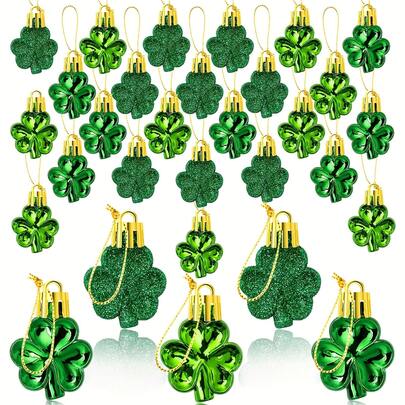 24pcs St. Patrick's Day Clover Decor Set, Lucky Shamrock Hanging Ornaments Green Clover Decorations For Tree, Table, Home Decor, Irish Decoration