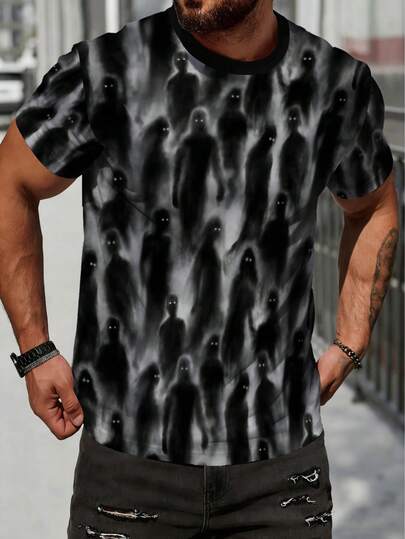 男士休闲人像图案圆领短袖T恤，夏季