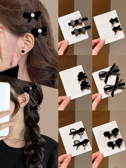 1/2/12pcs New Classic Black Faux Pearl Flocked Bow Side Clip, Suitable For Daily Gatherings, Side Bangs, Cute Princess Headwear, Fashion Accessory, All Season, Gift For Girlfriend, Carnival Season, Date & Everyday Use, Hairpin, Mother's Day