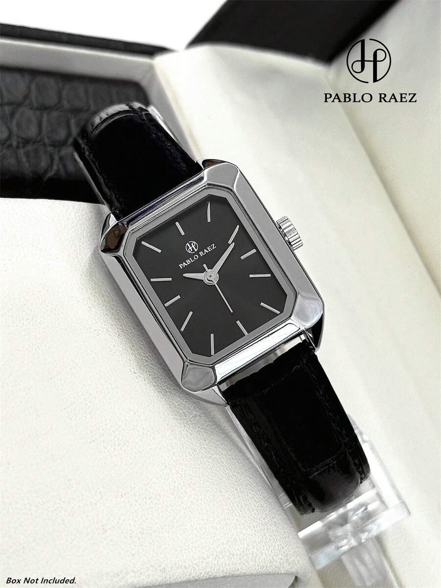 Pablo Raez 1件裝女士小長方形不鏽鋼方錶，頂級全新AAA品質設計時尚石英錶，復古優雅極簡風女錶，黑色錶盤配真實鉚釘，高端熱門女學生腕錶，舒適黑色PU皮革錶帶，50M防水柔軟透氣，休閒少女可愛款，外觀精美華麗，適合送給朋友或家人，適用日常/工作/派對裝飾，生日禮物