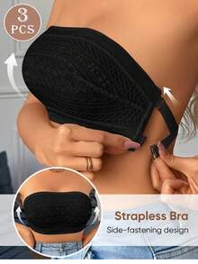 MEIYATING 3件套女士性感蕾丝文胸，透气轻盈无背抹胸式文胸，适合夏季搭配各种服装 - 彩色 - 查看 4