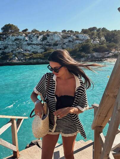 Senya Women's 2-Piece Set: Loose Striped V-Neck Off-Shoulder Short Sleeve Crochet Swimsuit Cover-Up And Elastic Waist Striped Black Shorts Spring/Summer Knit Outfit, Suitable For Commuting, Casual Vacation, Beach, Singles Party And Pool Party