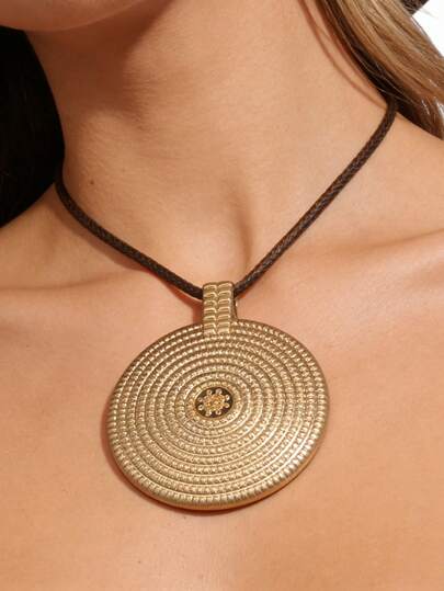 1件夸张简约螺旋圆吊坠项链，个性化合金颈链，时尚嘻哈长链，棕色蜡绳，音乐节礼物，送给男友/女友，日常配饰