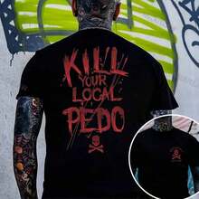 Black T Shirt Kill Your Local  Skull Graphic Print Casual Streetwear Men's Tee Urban Graffiti Style Outfit - 黑色 - 查看 1