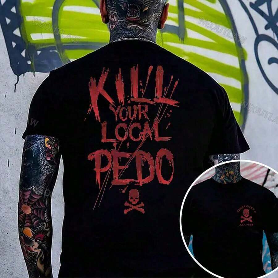 Black T Shirt Kill Your Local Skull Graphic Print Casual Streetwear Men's Tee Urban Graffiti Style Outfit - 黑色 - 查看 1