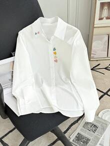 Women's Heart Embroidery Button-Front Shirt - White - View 1