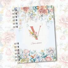 A5 Floral Pink And Blue Notebook Personalized With Initial Of The Alphabet - V - View 1