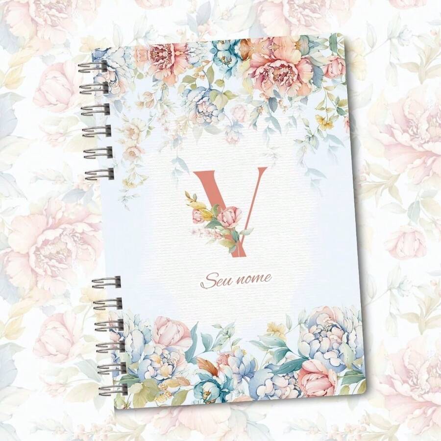 A5 Floral Pink And Blue Notebook Personalized With Initial Of The Alphabet - V - View 1