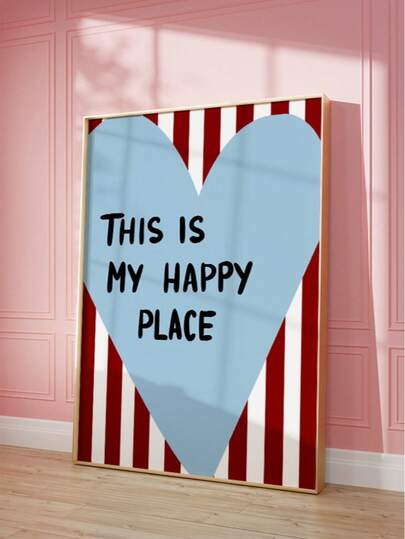 1pc Frameless Light Blue Heart "This Is My Happy Place" Quote Wall Art Print, Red & White Vertical Stripe Background, Minimalist Typographic Decor For Bedroom, Living Room, Dorm, Room Decor, Funky Posters,Vintage Decor,College Dorm Essentials