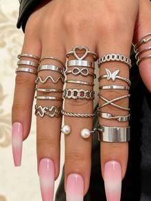 22件套女士金色叠戴戒指套装 - 蝴蝶爱心无限符号珍珠链波浪时尚指环，适合日常和派对佩戴 - 愛心珍珠22件 - 查看 4