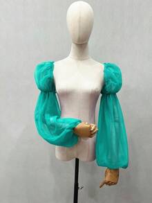 1件黑色网纱双层花瓣袖臂套，弹性长袖口，新娘款 - 彩色 - 查看 15