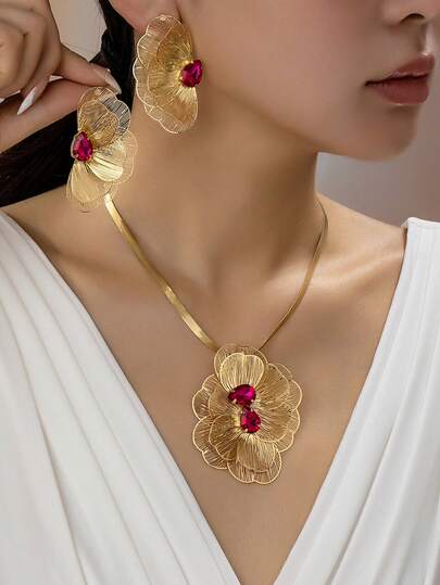 Set de 3 piezas de collar con colgante de flor plegable vintage elegante y exagerado, y aretes, adecuado para fiestas y uso diario