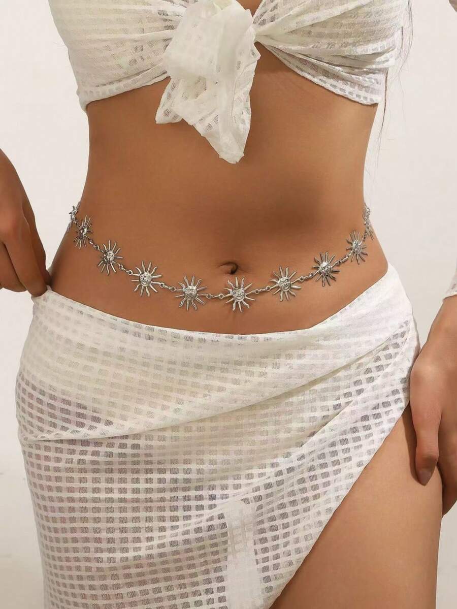 1 pieza Cadena de cintura con colgante de sol en estilo bohemio, adecuada para playa, vacaciones y uso diario casual - Plateado - Ver 1