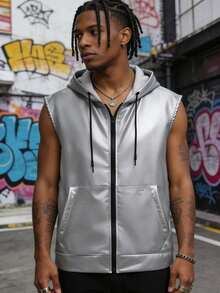 男士金属质感PU皮革无袖连帽拉链背心，街头风 - 銀色 - 查看 1