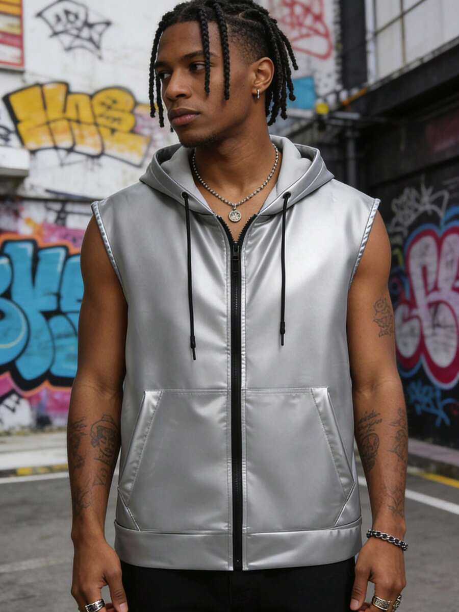 男士金属质感PU皮革无袖连帽拉链背心，街头风 - 銀色 - 查看 1