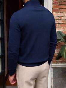 Men's Solid Color Long Sleeve Casual Fitted Zip-Up Stand Collar Sweater, Autumn/Winter - Navy Blue - View 2