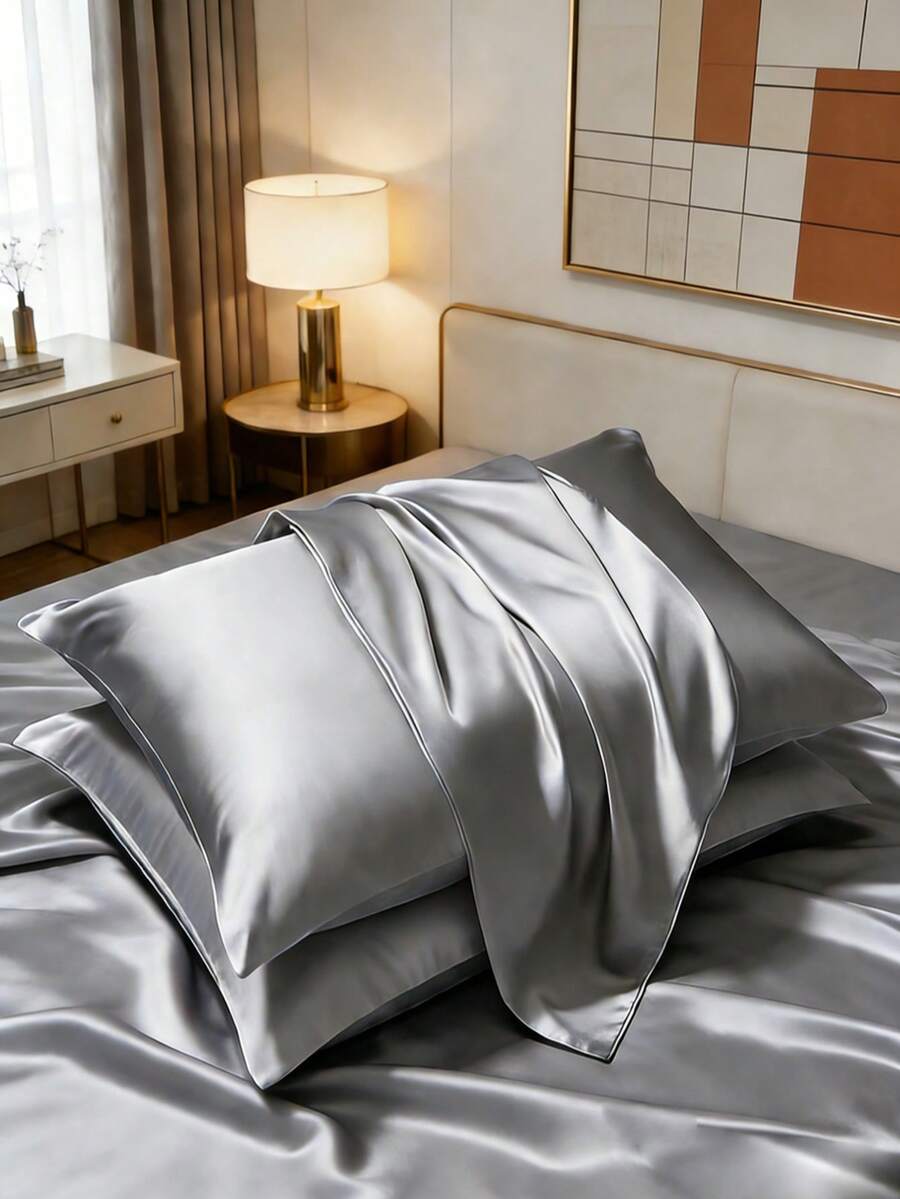 2pcs Satin Pillowcase, Soft & Smooth Pillowcase For Hair And Skin Care, With Envelope Closure (Pillow Insert Not Included), Grey - Grey - View 1