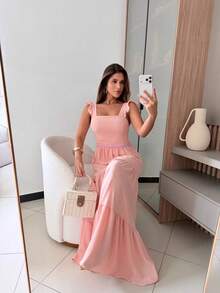 Long Dress With Lace Detail At The Waist, Duna Fabric. - Màu Hồng baby - Xem 2