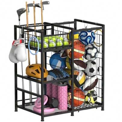 Sports Equipment Organizer with Elastic Cords and 4 Hooks Metal Garage Ball Organizer for Indoor Outdoor Ball Storage Rack with Basket for Sports Gear and Toys Black