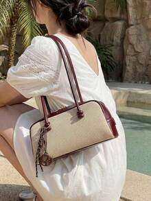 1pc Solid Color Women Underarm Bowling Bag, PU Woven Patchwork Design, Minimalist Chic, Versatile For Daily, Travel, Commute, Comes With Decorative Accessory - Brown - View 6