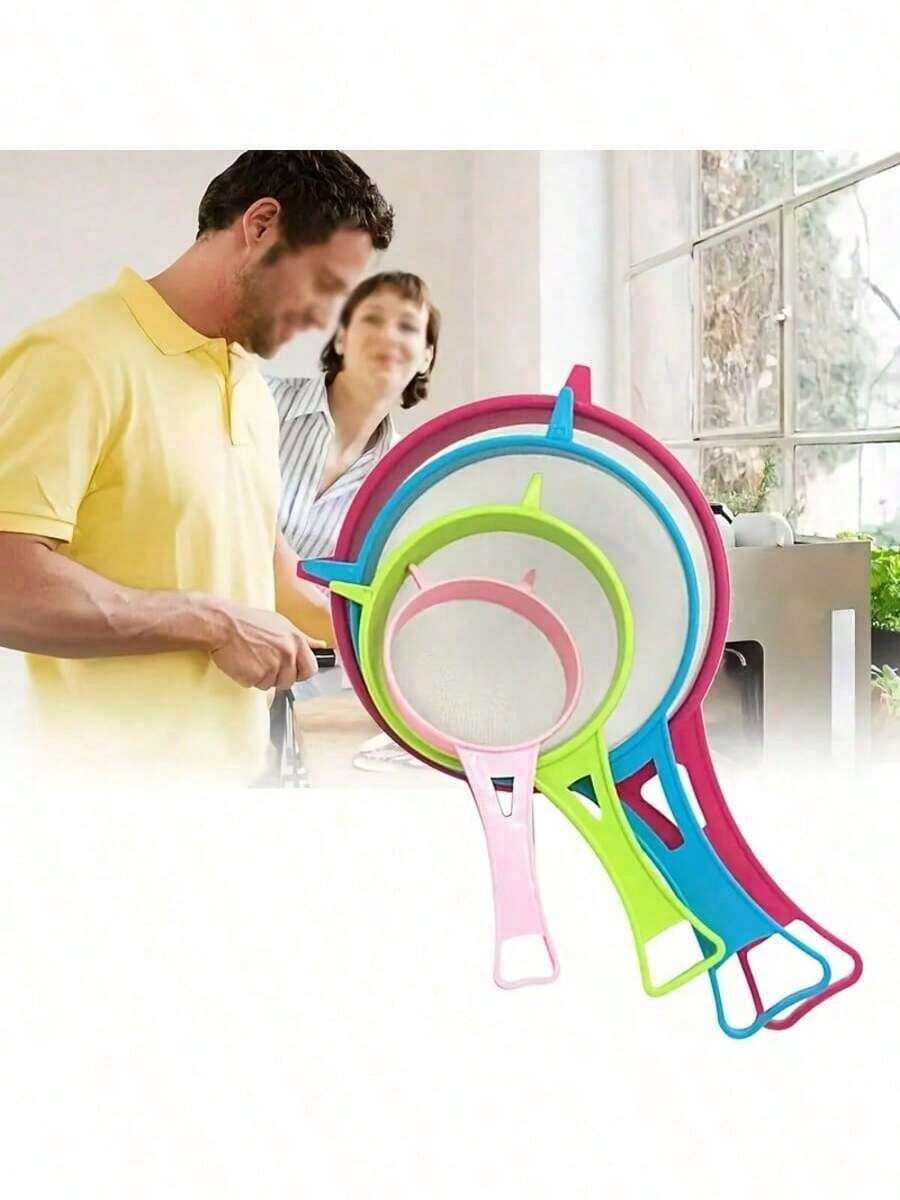 1/4pcs Plastic Mesh Strainer Set, Kitchen Sieve Set, Food Soy Milk Flour Sifter Long Handle Sieve Strainer, Sugar Sieve Fine Mesh Tea Strainer, Kitchen Supplies Kitchenware Kitchen Tools - Multicolor - View 1